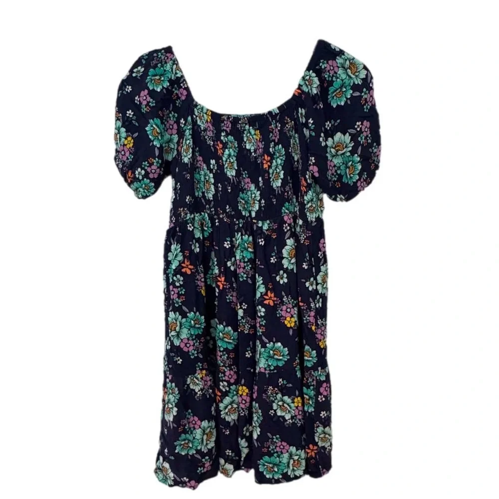 Justice Floral‎ Dress Kids Size L 12/14 Navy Blue Excellent Puff Sleeve Smocked